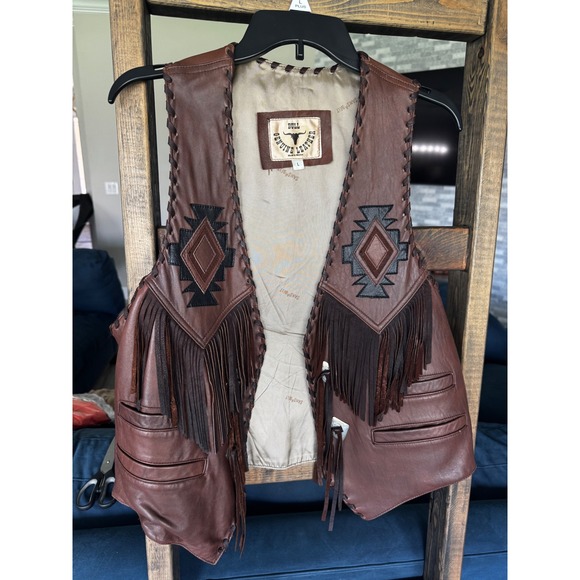 Bull Genuine Leather Other - Vintage Bull Genuine Leather Western Fringe Vest Southwestern Whipstitch Mens L